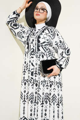 Desenli Hakim Yaka Düğmeli Elbise Siyah - Tesettür Elbise