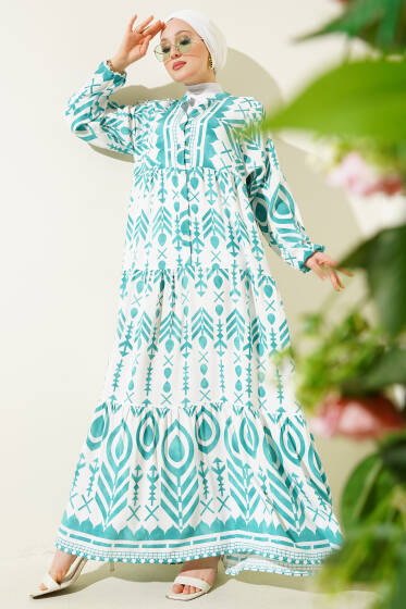 Desenli Hakim Yaka Düğmeli Elbise Yeşil - Elbise