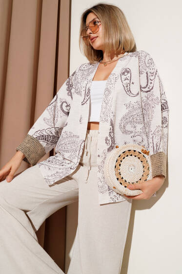 Desenli Hasır Kol Detaylı Kimono Bej - Kadın Giyim Modelleri