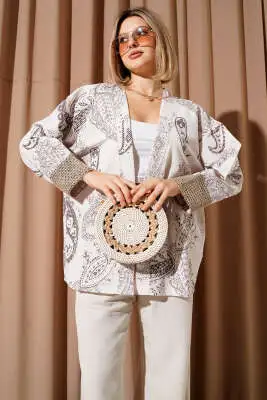 Desenli Hasır Kol Detaylı Kimono Bej - Kadın Giyim Modelleri