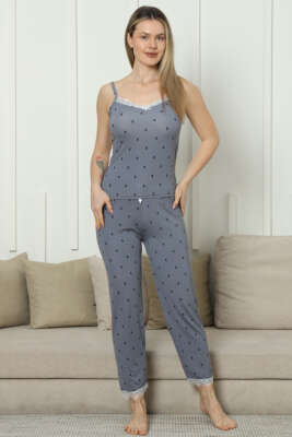 Desenli İp Askılı Dantelli Pijama Takımı Gri - Pijama & Gecelik