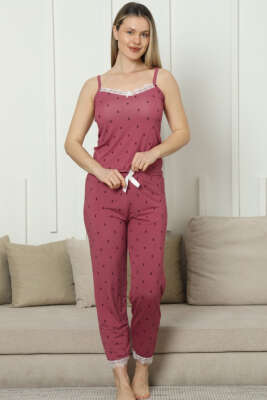 Desenli İp Askılı Dantelli Pijama Takımı Gül Kurusu - Kadın Pijama Takımı