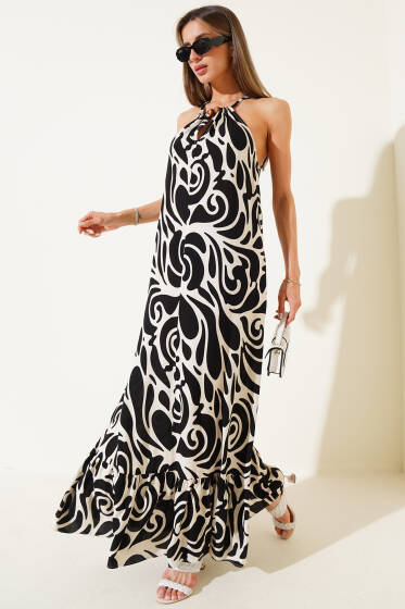 Desenli İp Askılı Elbise Siyah - Kadın Giyim Modelleri