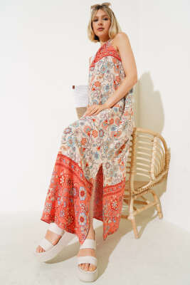 Desenli İp Askılı Yırtmaçlı Elbise Bej - ESTELLE