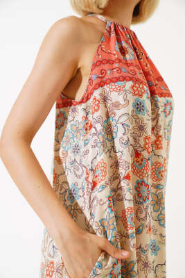 Desenli İp Askılı Yırtmaçlı Elbise Bej - Kadın Giyim Modelleri