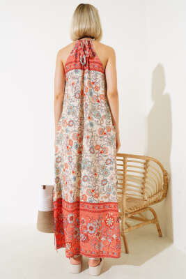 Desenli İp Askılı Yırtmaçlı Elbise Bej - Kadın Giyim Modelleri