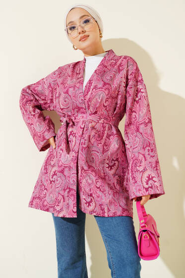 Desenli İp Bağcıklı Kimono Fusya - Dış Giyim&Mont