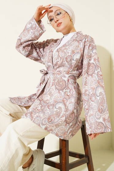 Desenli İp Bağcıklı Kimono Latte - Dış Giyim&Mont