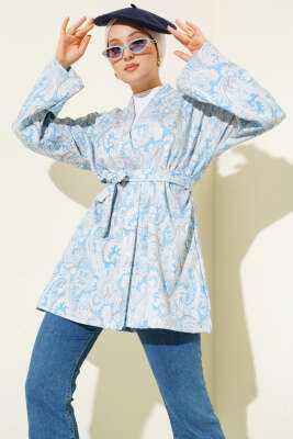 Desenli İp Bağcıklı Kimono Mavi 