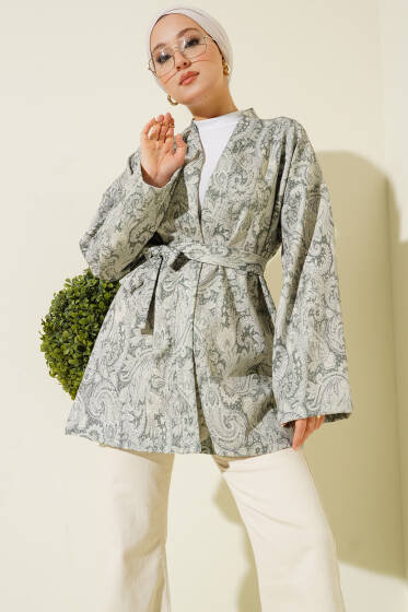 Desenli İp Bağcıklı Kimono Yeşil - Dış Giyim&Mont