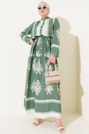 Desenli İp Kuşaklı Düğmeli Viskon Elbise Çağla Yeşili - Elbise