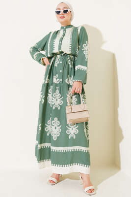 Desenli İp Kuşaklı Düğmeli Viskon Elbise Çağla Yeşili 