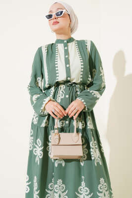 Desenli İp Kuşaklı Düğmeli Viskon Elbise Çağla Yeşili - Tesettür Elbise