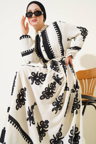 Desenli İp Kuşaklı Düğmeli Viskon Elbise Ekru - Elbise