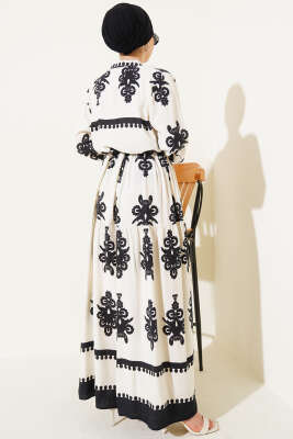 Desenli İp Kuşaklı Düğmeli Viskon Elbise Ekru - Tesettür Elbise