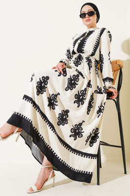 Desenli İp Kuşaklı Düğmeli Viskon Elbise Ekru - Tesettür Elbise