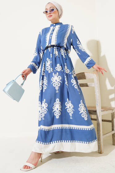 Desenli İp Kuşaklı Düğmeli Viskon Elbise İndigo - Elbise