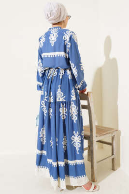 Desenli İp Kuşaklı Düğmeli Viskon Elbise İndigo - Tesettür Elbise