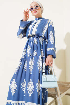 Desenli İp Kuşaklı Düğmeli Viskon Elbise İndigo - Tesettür Elbise