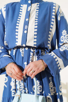 Desenli İp Kuşaklı Düğmeli Viskon Elbise İndigo - Tesettür Elbise