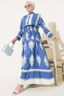 Desenli İp Kuşaklı Düğmeli Viskon Elbise İndigo - Tesettür Elbise