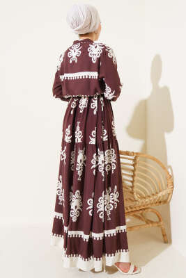 Desenli İp Kuşaklı Düğmeli Viskon Elbise Kahve - Tesettür Elbise