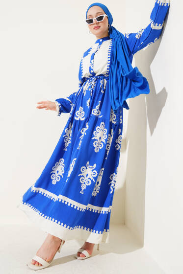 Desenli İp Kuşaklı Düğmeli Viskon Elbise Saks - Elbise