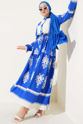 Desenli İp Kuşaklı Düğmeli Viskon Elbise Saks 