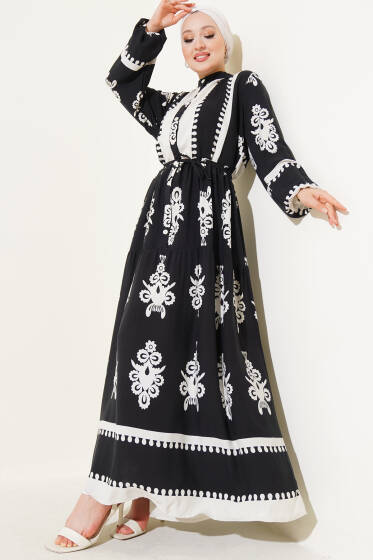 Desenli İp Kuşaklı Düğmeli Viskon Elbise Siyah - Elbise