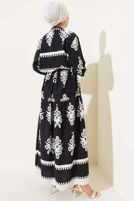 Desenli İp Kuşaklı Düğmeli Viskon Elbise Siyah - Tesettür Elbise