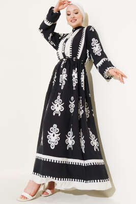 Desenli İp Kuşaklı Düğmeli Viskon Elbise Siyah 