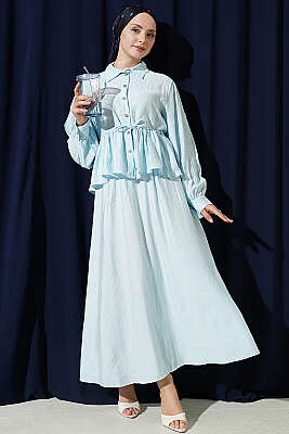 Desenli İp Kuşaklı Etekli İkili Takım Bebe Mavi - İkili Takım