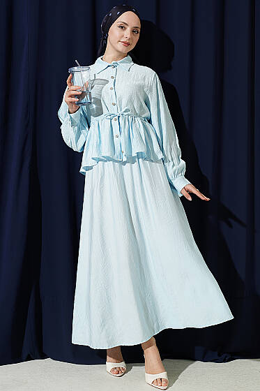 Desenli İp Kuşaklı Etekli İkili Takım Bebe Mavi - İkili Takım