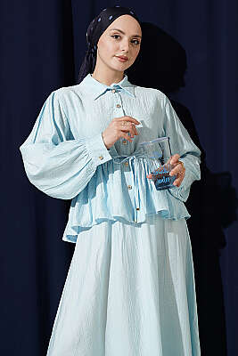 Desenli İp Kuşaklı Etekli İkili Takım Bebe Mavi - İkili Takım