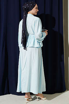 Desenli İp Kuşaklı Etekli İkili Takım Bebe Mavi - İkili Takım