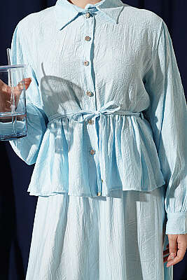 Desenli İp Kuşaklı Etekli İkili Takım Bebe Mavi - İkili Takım