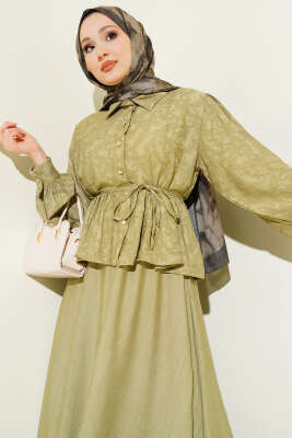 Desenli İp Kuşaklı Etekli İkili Takım Çağla Yeşili - TABLO FASHİON