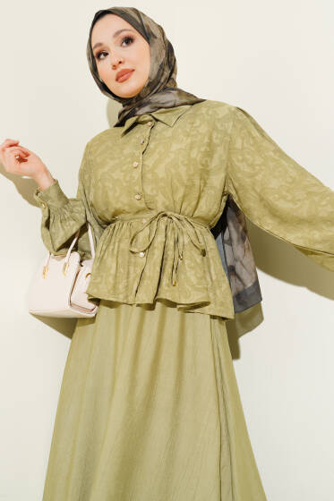 Desenli İp Kuşaklı Etekli İkili Takım Çağla Yeşili - İkili Takım