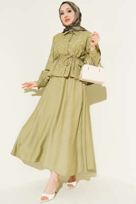 Desenli İp Kuşaklı Etekli İkili Takım Çağla Yeşili - İkili Takım