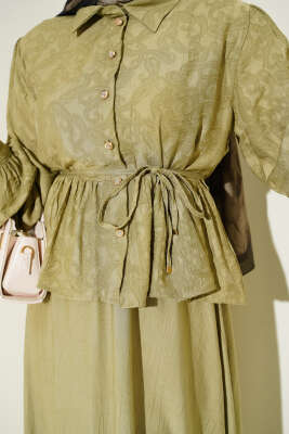 Desenli İp Kuşaklı Etekli İkili Takım Çağla Yeşili - İkili Takım