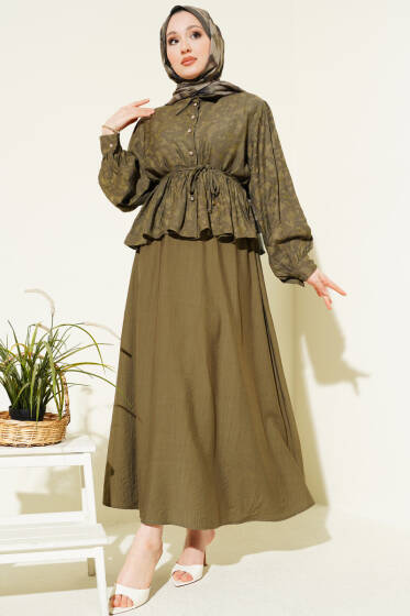 Desenli İp Kuşaklı Etekli İkili Takım Haki - İkili Takım