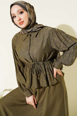 Desenli İp Kuşaklı Etekli İkili Takım Haki - İkili Takım