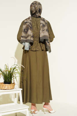 Desenli İp Kuşaklı Etekli İkili Takım Haki - İkili Takım