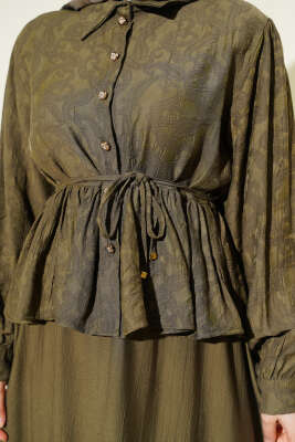 Desenli İp Kuşaklı Etekli İkili Takım Haki - İkili Takım