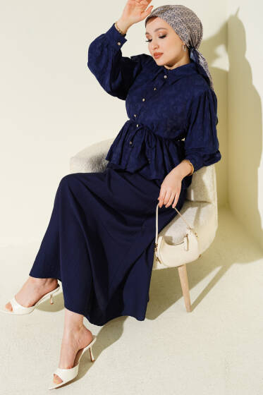 Desenli İp Kuşaklı Etekli İkili Takım Lacivert - İkili Takım