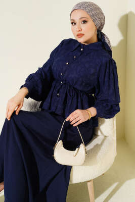 Desenli İp Kuşaklı Etekli İkili Takım Lacivert - İkili Takım