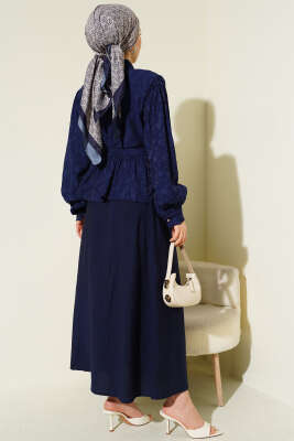 Desenli İp Kuşaklı Etekli İkili Takım Lacivert - İkili Takım