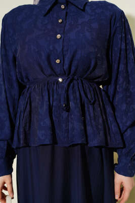 Desenli İp Kuşaklı Etekli İkili Takım Lacivert - İkili Takım