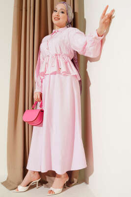 Desenli İp Kuşaklı Etekli İkili Takım Pembe - TABLO FASHİON