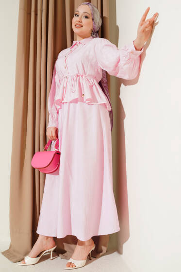 Desenli İp Kuşaklı Etekli İkili Takım Pembe - İkili Takım